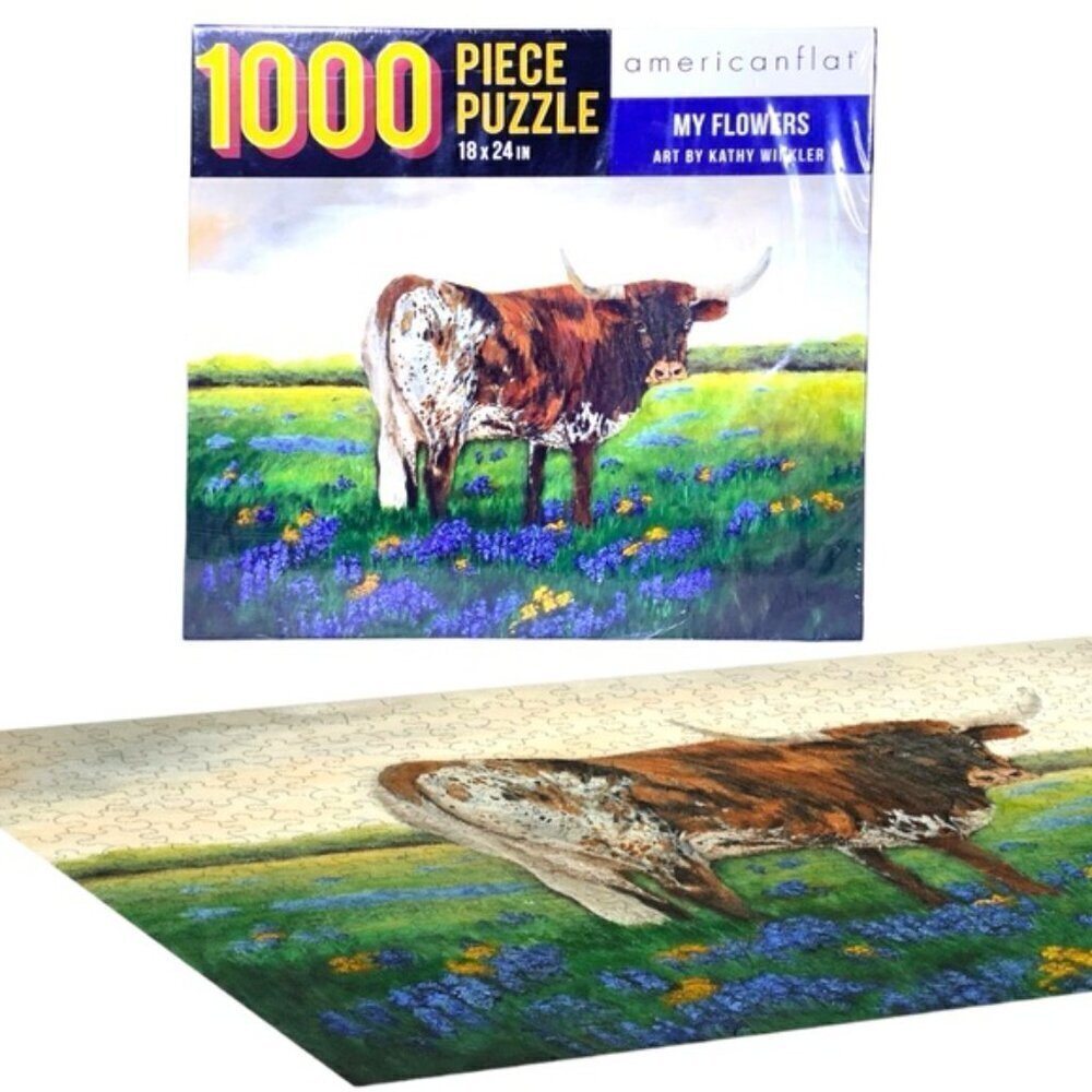AmericanFlat Jigsaw Puzzle My Flowers Cow Farm 1000 Pc New Sealed NIB 18 x 24 in - Picture 3 of 15